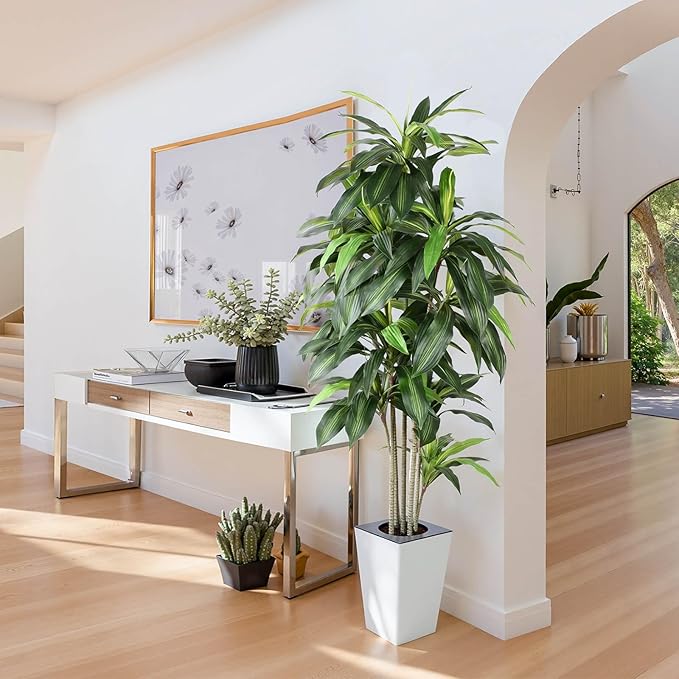 Artificial Dracaena Tree with White Tall Planter, 7ft Tall Potted Artificial Dracaena Silk Plant, Fake Yucca Tree Plant, Home Office Floor Room Decor Plants Indoor Outdoor, Housewarming Gift