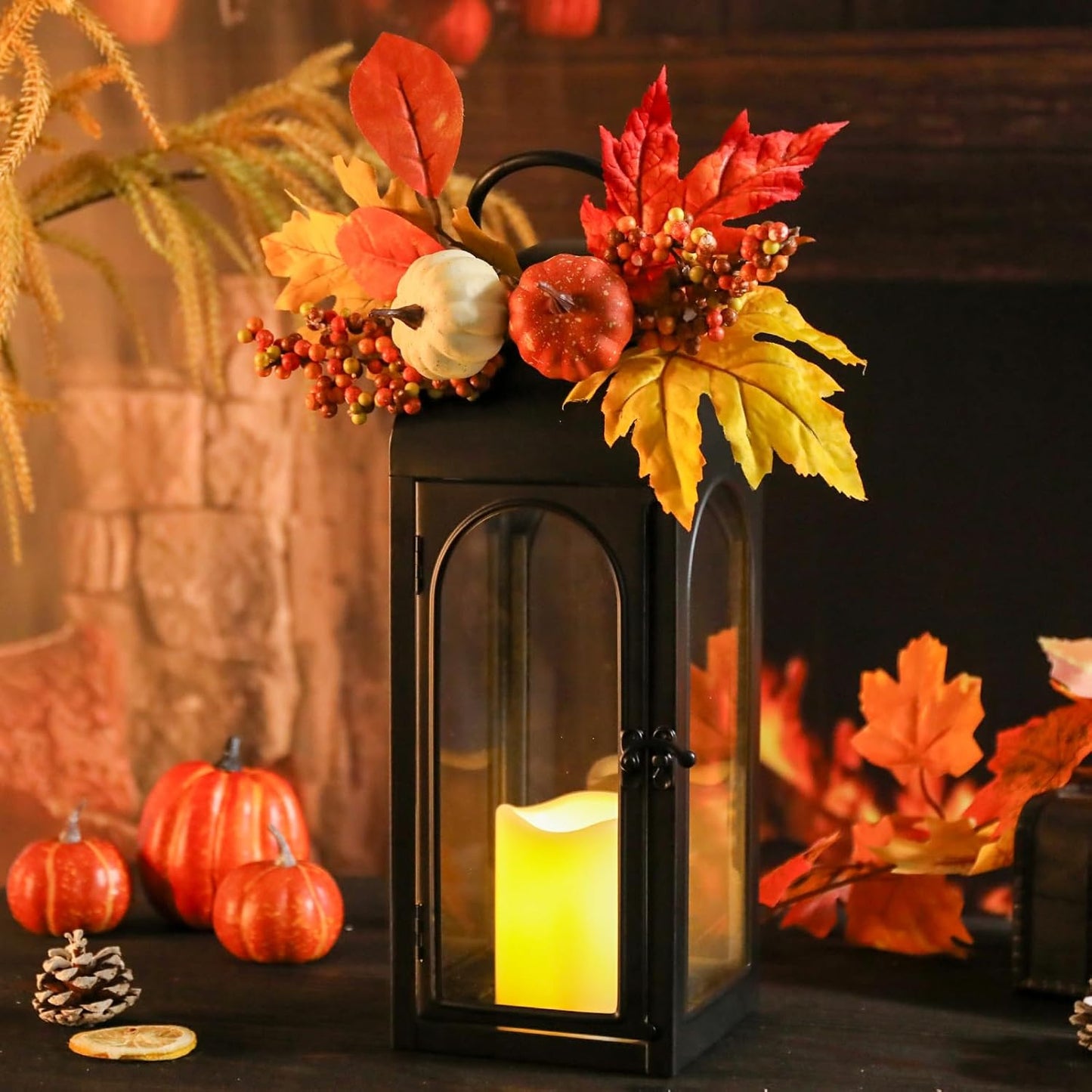 Bdor 2 Pack Fall Lanterns Decor with LED Candle – 16 Inch Harvest Pumpkin Maple Leaf Hanging Lantern for Autumn Thanksgiving Table Centerpiece Indoor Outdoor Decoration, Battery Operated