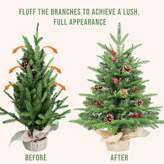 Kadunmina 2ft Pre-lit Table Top Christmas Tree, Small Artificial Xmas Tree with 50 LED Lights/177 PE&PVC Tips/Berries&Pinecones, 24 Inch Mini Tree with Burlap Base for Holiday Indoor Decor, 8 Modes