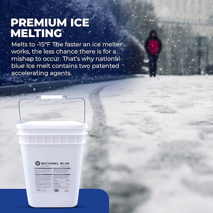 National Blue Snow Salt Ice Melt 35lb Bucket - Fast Acting Ice Melter - Pet, Plant and Concrete Friendly, Environmentally Safe - Free of Magnesium Chloride - Melts to -15°F