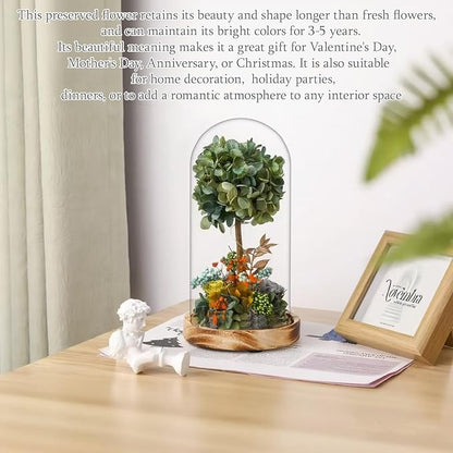 Preserved Flower Glass Dome with LED Lights, Handmade Hydrangea Tree and Eternal Rose Arrangement on Wood Base, for All Festivals,for You to Send Love for All Occasions(Dark Green)