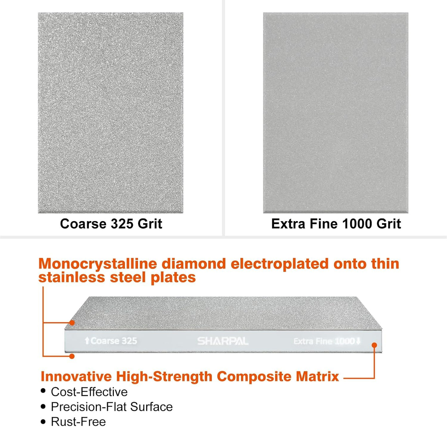 SHARPAL 168H Large 8" x 3" Dual-Grit Diamond Sharpening Stone – Coarse 325 & Extra-Fine 1000 Grit Monocrystalline Diamond Whetstone, Professional Knife Sharpener with Anti-Slip Pad and Angle Guide