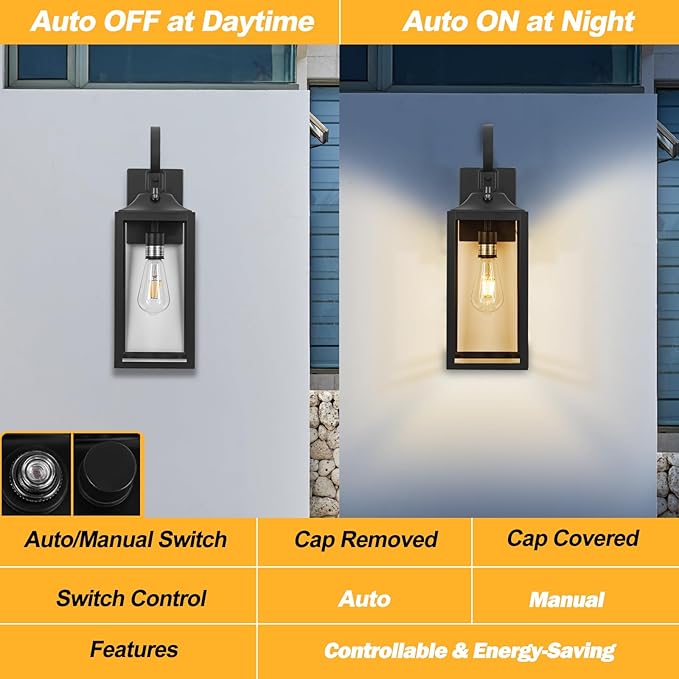 Black Dusk to Dawn Outdoor Wall Lantern, 19" Large Outside Modern Wall Sconce Light Fixture, Farmhouse Porch Light Waterproof for House