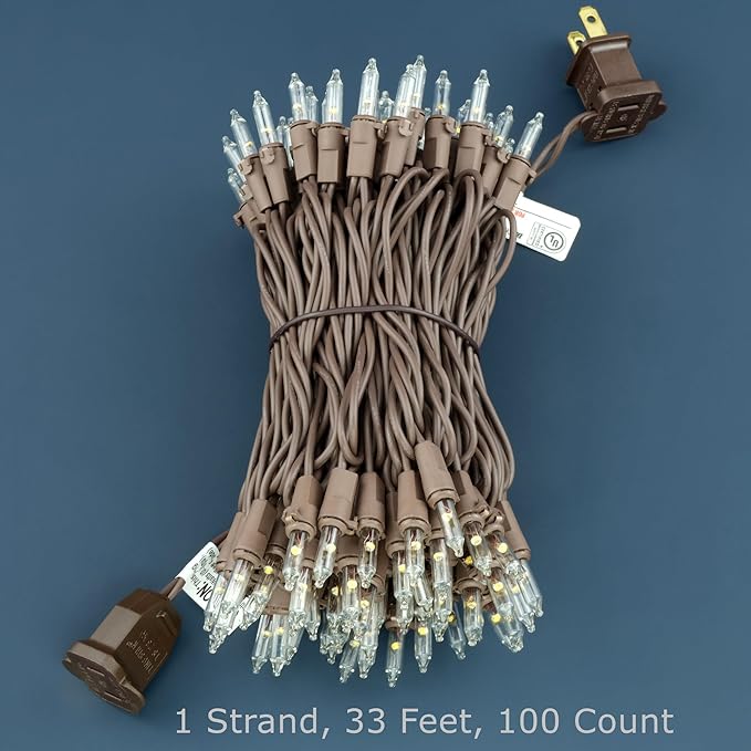 YULETIME 100 Count Clear Warm White Christmas Lights, 33 Feet Brown Wire UL Certified Incandescent-Like LED Mini String Lights