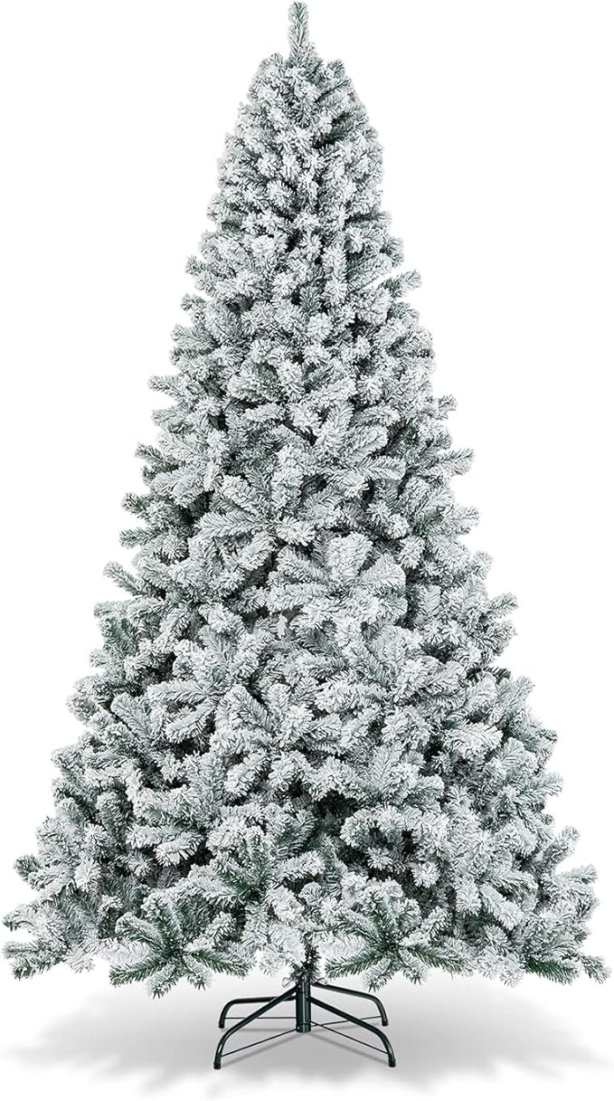 HAPPYGRILL 9 FT Flocked Christmas Tree Artificial Xmas Tree with 1498 PVC Branch Tips, Hinged Xmas Tree Life-Like Seasonal Holiday Tree for Home Office