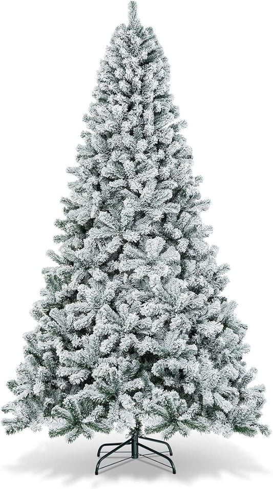 HAPPYGRILL 9 FT Flocked Christmas Tree Artificial Xmas Tree with 1498 PVC Branch Tips, Hinged Xmas Tree Life-Like Seasonal Holiday Tree for Home Office