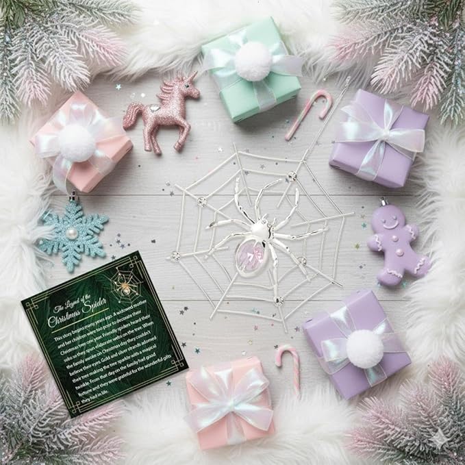 Matashi Silver Plated Christmas Tree Spider Ornament w Pink, Clear Crystals Lucky Hanging Decoration, Holiday Ornament Gift, Unique Spider Decor for Christmas & Halloween Party w Tinsel Legend Story