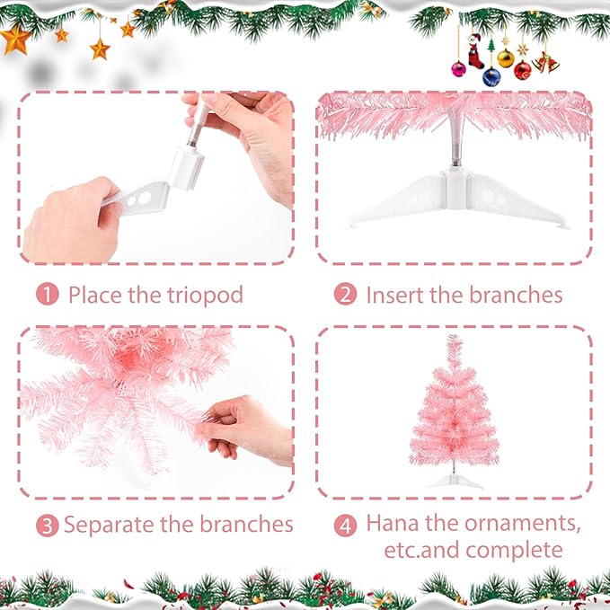 17.7Inch Artificial Christmas Tree Pink Tabletop Christmas Tree with Plastic Stand Mini Xmas Pine Tree for Indoor Outdoor Holiday Home Decoration