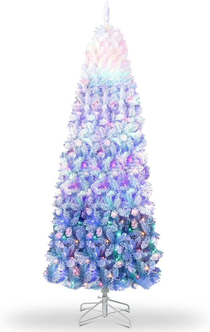 GAOMON 7.5Ft Pencil Christmas Tree Artificial Slim Xmas Trees Skinny Christmas Tree Decorations Fake Flockeds, White & Blue Gradient