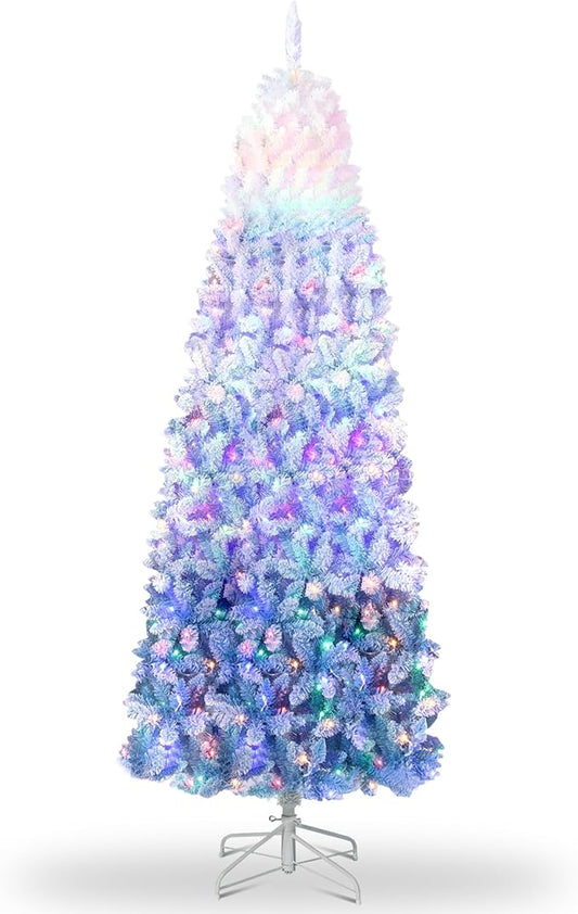 GAOMON 7.5Ft Pencil Christmas Tree Artificial Slim Xmas Trees Skinny Christmas Tree Decorations Fake Flockeds, White & Blue Gradient