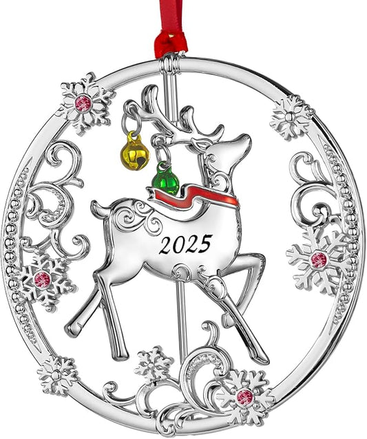 Christmas Tree - 2025 Rotation Reindeer Hanging Ornaments Pendant of Car Charm Holiday Keepsake Gift Home Decor (Reindeer Silver (2025))