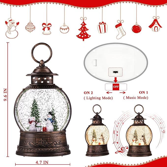 Christmas Snow Globes,Glitter Swirling Musical Box Christmass Snowman with 8 Songs & 6H Timer, Battery Operated & USB Powered Christmas Lanterns for Indoor Holiday Table Party Gifts