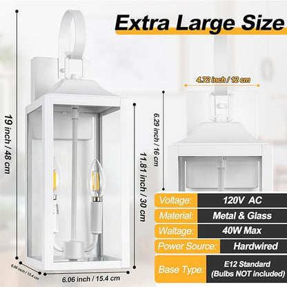 White Dusk to Dawn Outdoor Wall Lantern 2-Light, 19" Large Outside Modern Wall Sconce Light Fixture, Industrial Porch Light Wall Mount with Glass, Waterproof Farmhouse Exterior Lamp Lighting