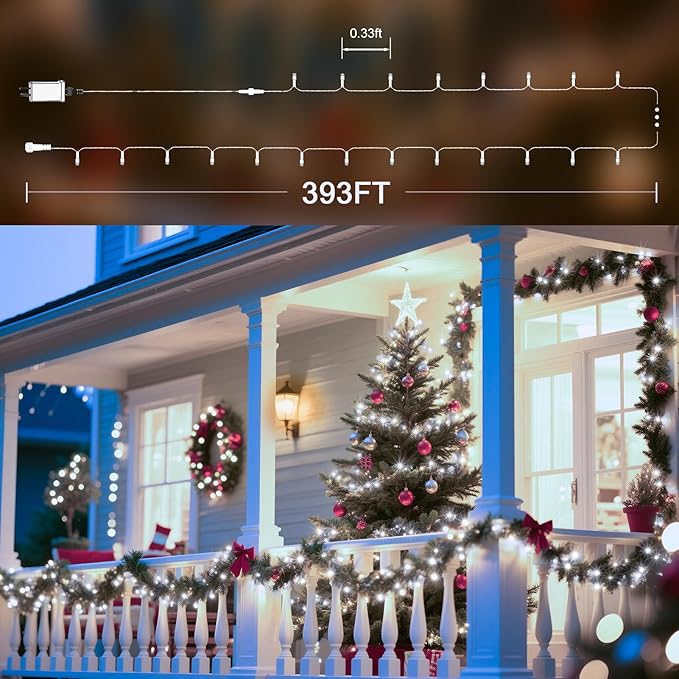 393 FT Christmas Light 1000 LED Xmas Lights Outdoor LED Christams String Lights Waterproof 8 Modes & Timer, Fairy Lights Plug in for Weeding, Patio, Party, Holiday,Christmas Decor (Cool White)