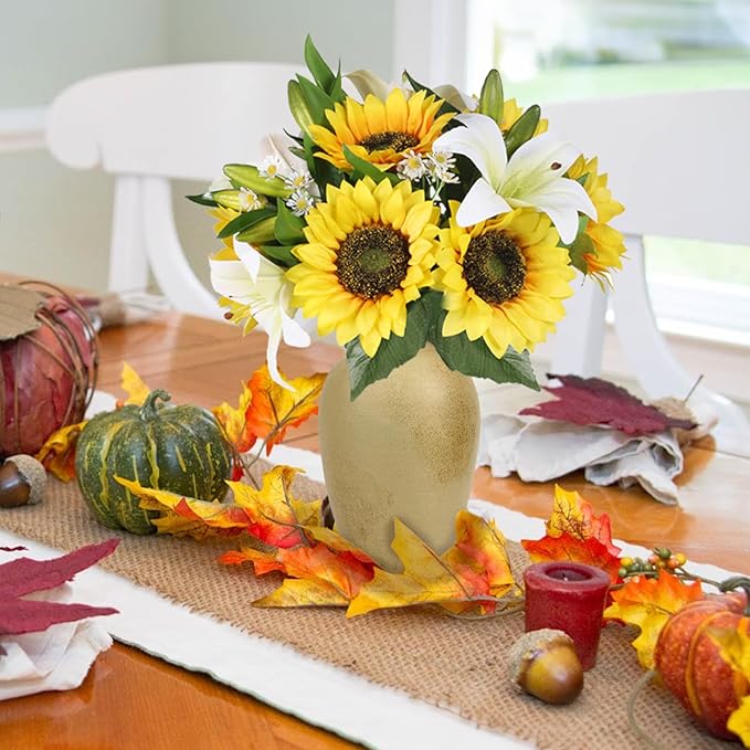 HUAESIN Artificial Sunflowers Faux Sunflowers Bouquet with Tiger Lilies Silk Flower Arrangements for Home Baby Shower Living Room Farmhouse Table Centerpieces Cemetery Flowers for Graves