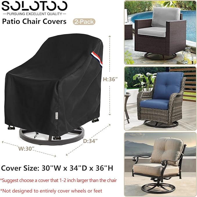 Patio Chair Covers Waterproof Patio Furniture Covers, 30W x 34D x 36H Inches Swivel Outdoor Chair Cover 2 Pack (Black)
