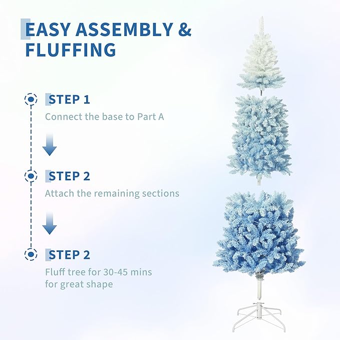 GAOMON 7.5Ft Pencil Christmas Tree Artificial Slim Xmas Trees Skinny Christmas Tree Decorations Fake Flockeds, White & Blue Gradient