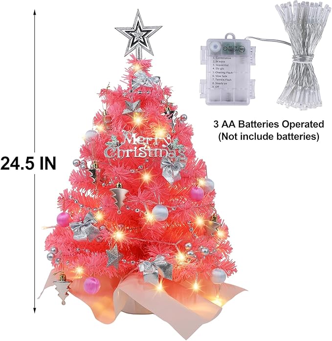 Juegoal Pink Mini Christmas Tree, 24 Inch/2 FT Lighted Tabletop Artificial Xmas Pine Tree, Small Spruce Tree Light Up Battery Operated & Timer with 50 LED Lights, for Holiday Winter Home Party Decor