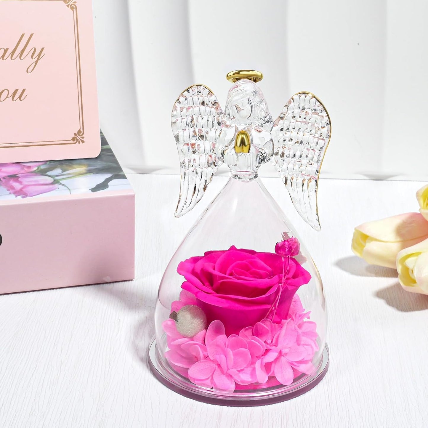 Yamonic Birthday Gifts for Mom,Christmas Angel Figurines with Real Rose Gifts for Her Mom Grandma,Preserved Flowers Rose Glass Angel Figurine for Mothers Day Christmas Birthday Gifts for Her(Hotpink)
