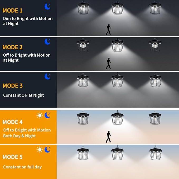 Solar Shed Lights with 2 Motion Sensors, Classic Metal Solar Chandelier Outdoor with 5 Lighting Modes, Waterproof Pendant Lamp with Remote Control for Barn, Gazebo, Garden, Patio(16.4FT Cord)