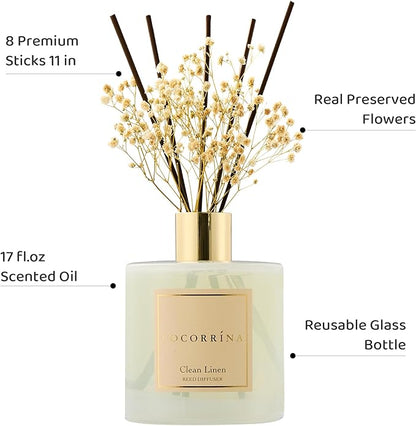 COCORRÍNA Reed Diffuser - Clean Linen 17 Fl.oz Reed Diffuser with 8 Sticks Scented Diffuser with Preserved Flowers for Bathroom Home Decor