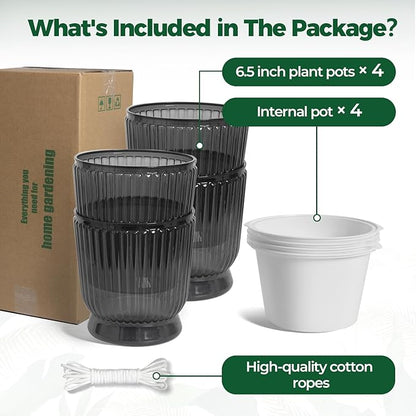 T4U 6 Inch Self Watering Pots for Indoor Plants, 4 Pack Self Watering Planter, Self Watering Pot with Reservoir, Small Self Watering Pots for Plants, African Violets (4 Pack, 6", Translucent Gray)