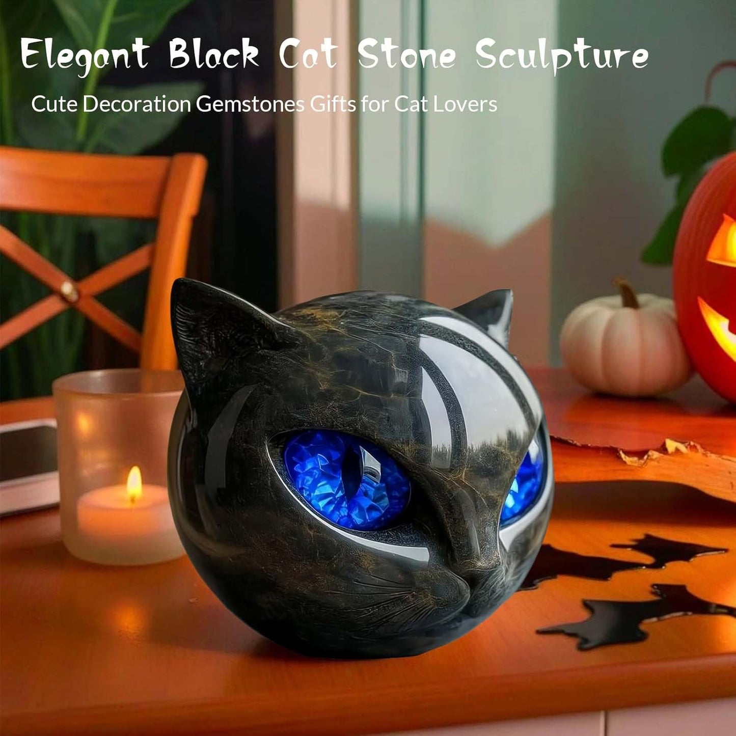 Luxury Black Cat Stone Sculpture Handcrafted Marble Look Resin Statue with Amber Eyes Elegant Home Decor & Gift-Ready Art Piece Figurine Carved Healing Gifts for Cat Lovers (Blue Eyes)