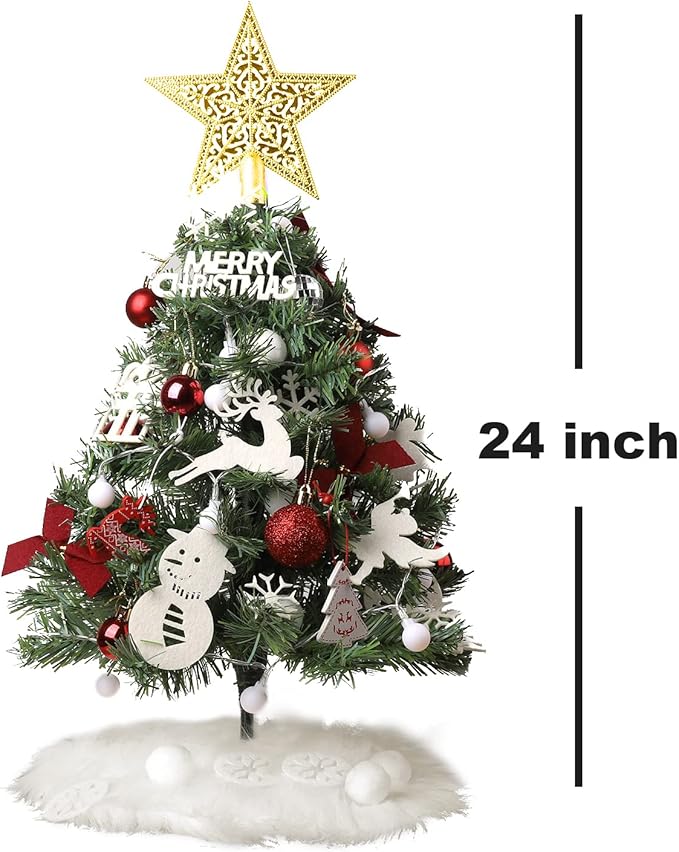 2ft Mini Tabletop Christmas Tree, Artificial Small Christmas Tree with Battery Operated Lights, Ornaments and Storage Bag, Mini Xmas Tree for Christmas Home Decorations