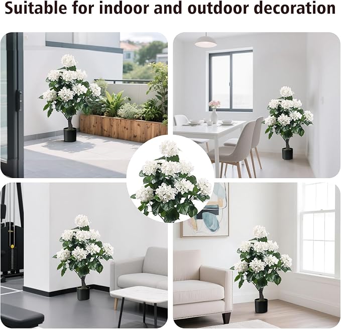 Romantic Season 38" Artificial Hydrangea Tree in Pot, Faux Potted Silk Hydrangea Plant for Indoor Outdoor Decoration, Lifelike Artificial Flower Tree for Home, Office, Patio, Garden Decor, White