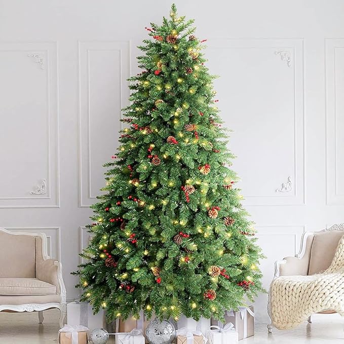 7.5FT Prelit Christmas Tree, Artificial Christmas Tree Pre-Decorated with Pinecones and Berries (600 Clear Warm Lights and Realistic 1520 Thicken Tips, Sturdy Metal Base)