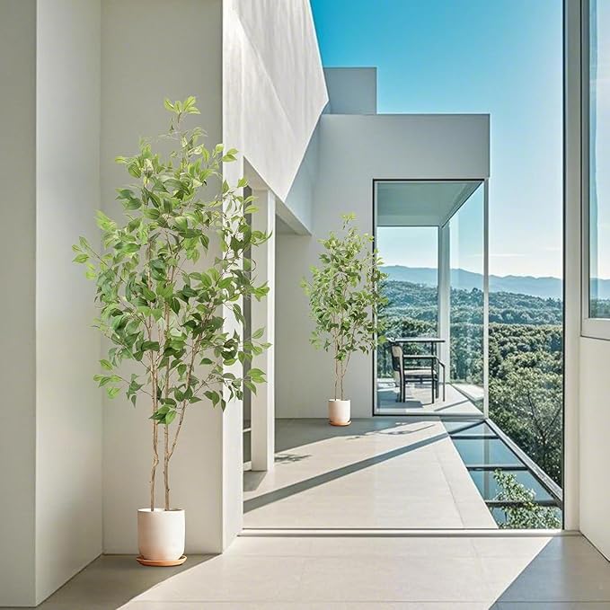 Artificial Fake Ficus Tree 7FT Tall 2Pack with White Planter & Free Moss, Artificial Plants Indoor, Artificial Trees for Home Decor Indoor, Faux Ficus Tree