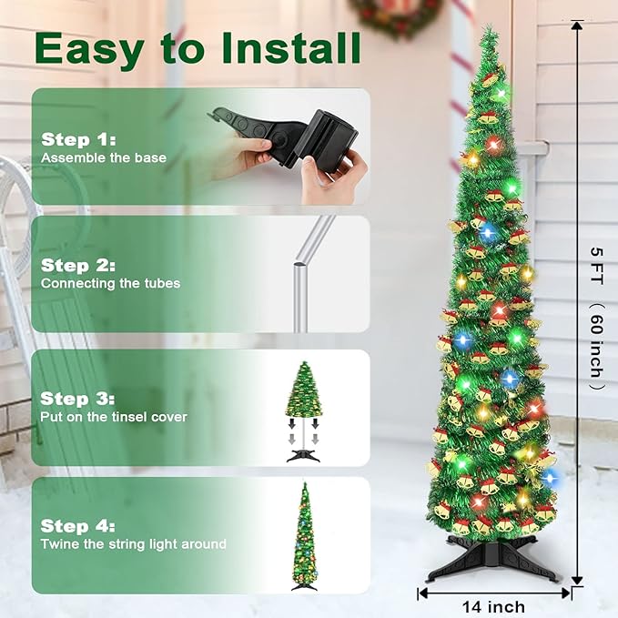 5 FT Pencil Christmas Tree with 90 Colorful Lights, Collapsible Artificial Sequin Pop Up Christmas Tree, Skinny Pencil Tinsel Christmas Trees, Xmas Tree for Home Apartment Basement Fireplace