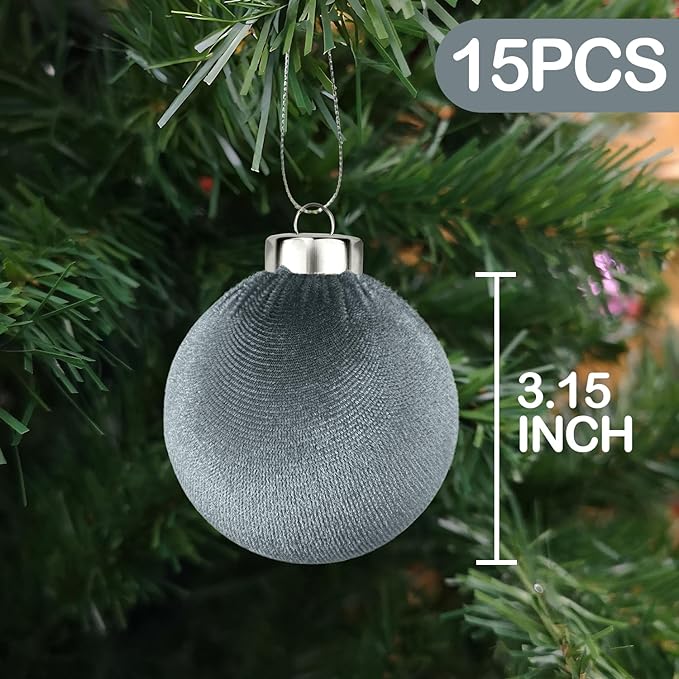 Neutral Velvet Christmas Tree Ornaments Set 3.15 Inch - Gray Xmas Hanging Baubles 15 PCS, Large Flocked Elegant Christmas Ball Ornaments, Shatterproof Decor for Holiday (Gray)