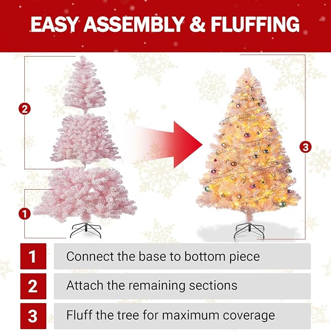 7ft Prelit Pink Artificial Christmas Tree with 250 Warm White LED Lights, Full Snow Flocked Xmas Tree Featuring 1200 Realistic Branch, Easy Hinged Assembly for Home Office Party Decoration