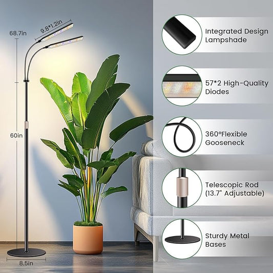 Black Floor Grow Lights for Indoor Plants, 2-Heads Full Spectrum LED Plant Grow Light with 4/8/12/16H Timer, 3 Color Modes, 24-68.7in Hight Adjustable Grow Lamp for Tall Large Indoor Plants