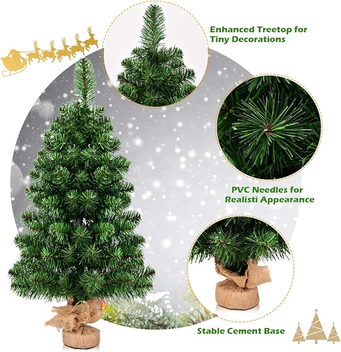 GOFLAME 3ft Mini Artificial Christmas Tree, Tabletop Spruce Christmas Tree with New PVC Material and Cement Base, Perfect for Indoor Decoration