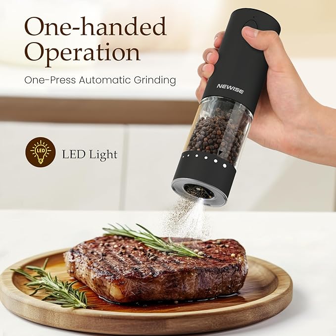 Electric Salt & Pepper Grinder Set, Rechargeable with LED Light & External Coarseness Adjustment, One-Hand Operation, Perfect Kitchen Gift for Home Cooks & Families - Black