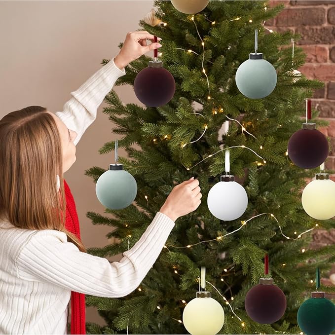 24 Pcs Velvet Christmas Balls Bulk Shatterproof Plastic Christmas Tree Decorations for Decorative Hanging Baubles (24, Coffee、White、Haze Blue、Beige、Blackish Green、Khaki, 2.36Inch)
