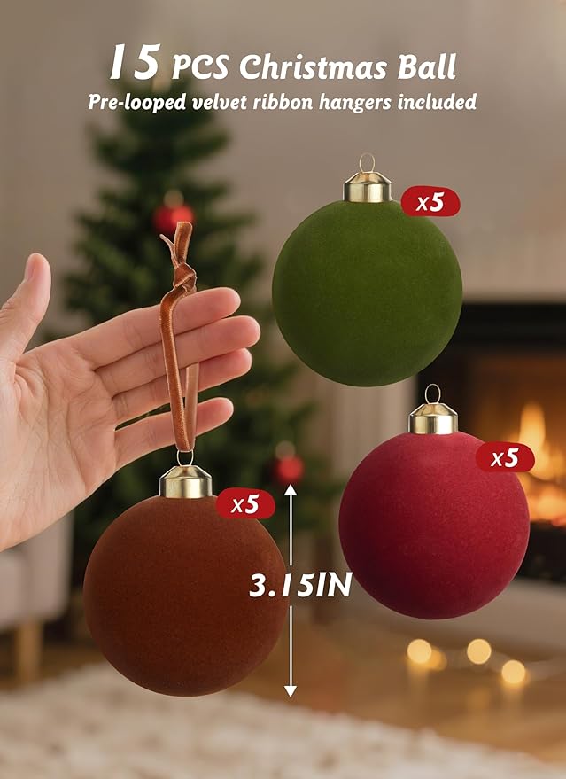 Brightown 15 Pcs Velvet Christmas Balls, 3.15 Inch Red Green Brown Velvet Ornaments for Christmas Tree, Christma Tree Flocked Ornaments Balls for Family Holiday Wedding Party Xmas Hanging Decoration