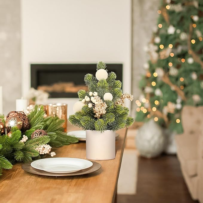 SY Super Bang Small Christmas Tree, 12Inch Artificial Beige Velvet Ball Berry Mini Tabletop Tree Christmas Decorations, for Home Party Thankgivings Xmas Indoor Decor.