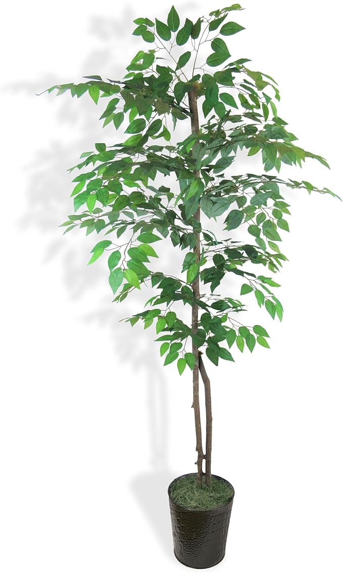 6ft Artificial Ficus Tree in Black Metal Pot - Real Wood Trunk, Preassembled, No Maintenance Indoor Faux Plant - Living Room, Home & Office Decor