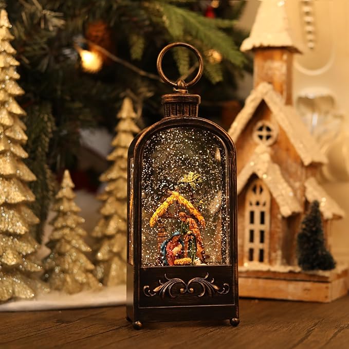 Nativity Scene Snow Globe Christmas Decorations Lantern, Glittering Lighted Plug-in, 3 AA Battery Operated & USB Powered, Nativity Scene Snow Globe Lantern for Christmas Home Decoration and Gift