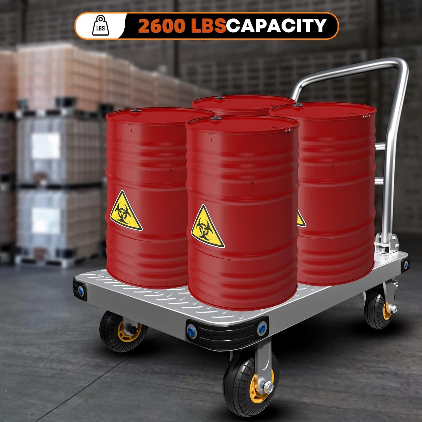 Heavy Duty Platform Truck Flat Moving Cart Hand Trucks, 2600Lbs Steel Push Cart Dolly, 48 x 24in Large Flatbed with 6'' 360 Degree Swivel Wheels for Easy Storage