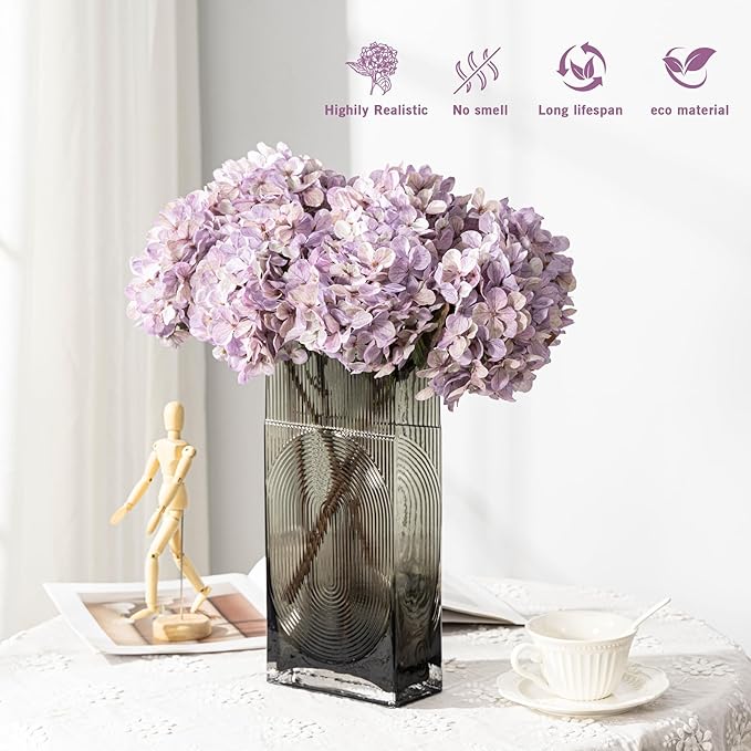 Artificial Flower Fake Silk Hydrangea Heads Bouquet With Stems Bulk for Fall Decoration Table Center Christmas Indoor Outdoor Faux Floral Realistic With Leaves Plants Crafts 8PCS(Pale Purple)