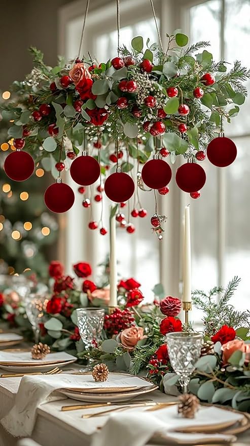 30PCS Velvet Christmas Ball Ornaments Set, 2.36" Shatterproof Baubles for Christmas Tree Decorations, Hanging Baubles with Soft Velvet Finish for Thanksgiving Holiday Party Décor, Burgundy Red