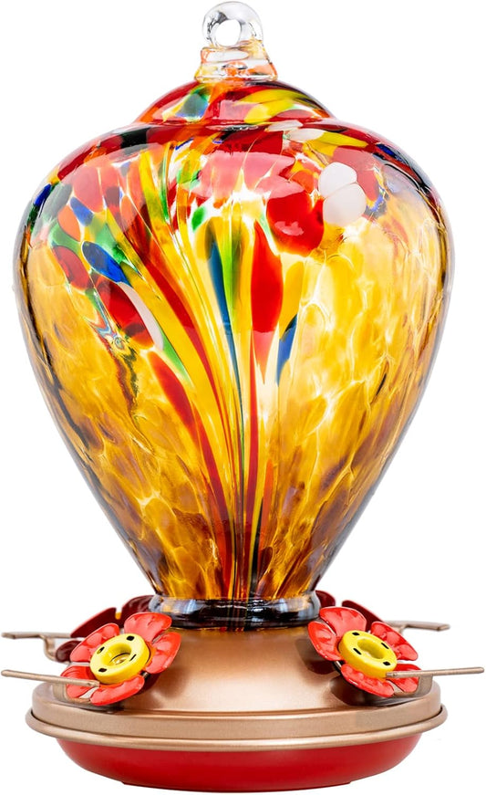 Hummingbird Feeder, 34OZ Hand Blown Glass Hummingbird Feeders for Outdoors Hanging, 4 Feeding Perch with Ant Moat Leakproof, Garden Yard Decor Gifts for Women Mom (Golden Balloon)