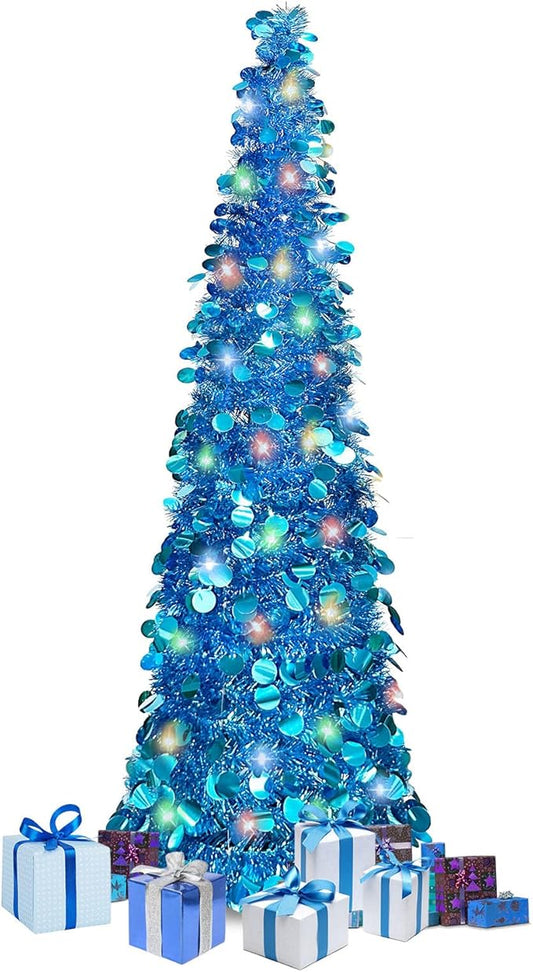 5 FT Pencil Christmas Tree, Collapsible Artificial Sequin Pop Up Christmas Tree, Skinny Pencil Tinsel Christmas Trees, Xmas Tree for Home Apartment Basement Fireplace (Pure Blue)