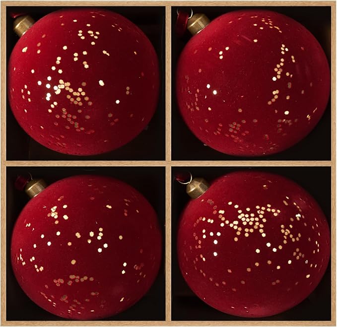 DN DECONATION 4PCS Christmas Ball Ornaments, Shatterproof Red Balls Ornaments for Christmas Tree, 4” Velvet Plastic Decorations with Ribbons, Farmhouse Holiday Decor Xmas Gifts Winter