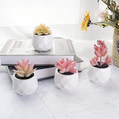 Tiita Artificial Faux Succulents in Pots, Pink Fake Plants Ceramic Arrangement Planter for Women Desk Small Mini Tiny Decoration for Home Office Desk Window 4 Set, Pink