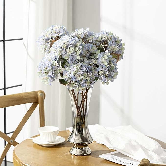Artificial Flower Fake Silk Hydrangea Heads Bouquet with Stems Bulk for Fall Decoration Table Center Christmas Indoor Outdoor Faux Floral Realistic with Leaves Plants Crafts 8PCS(Blue)